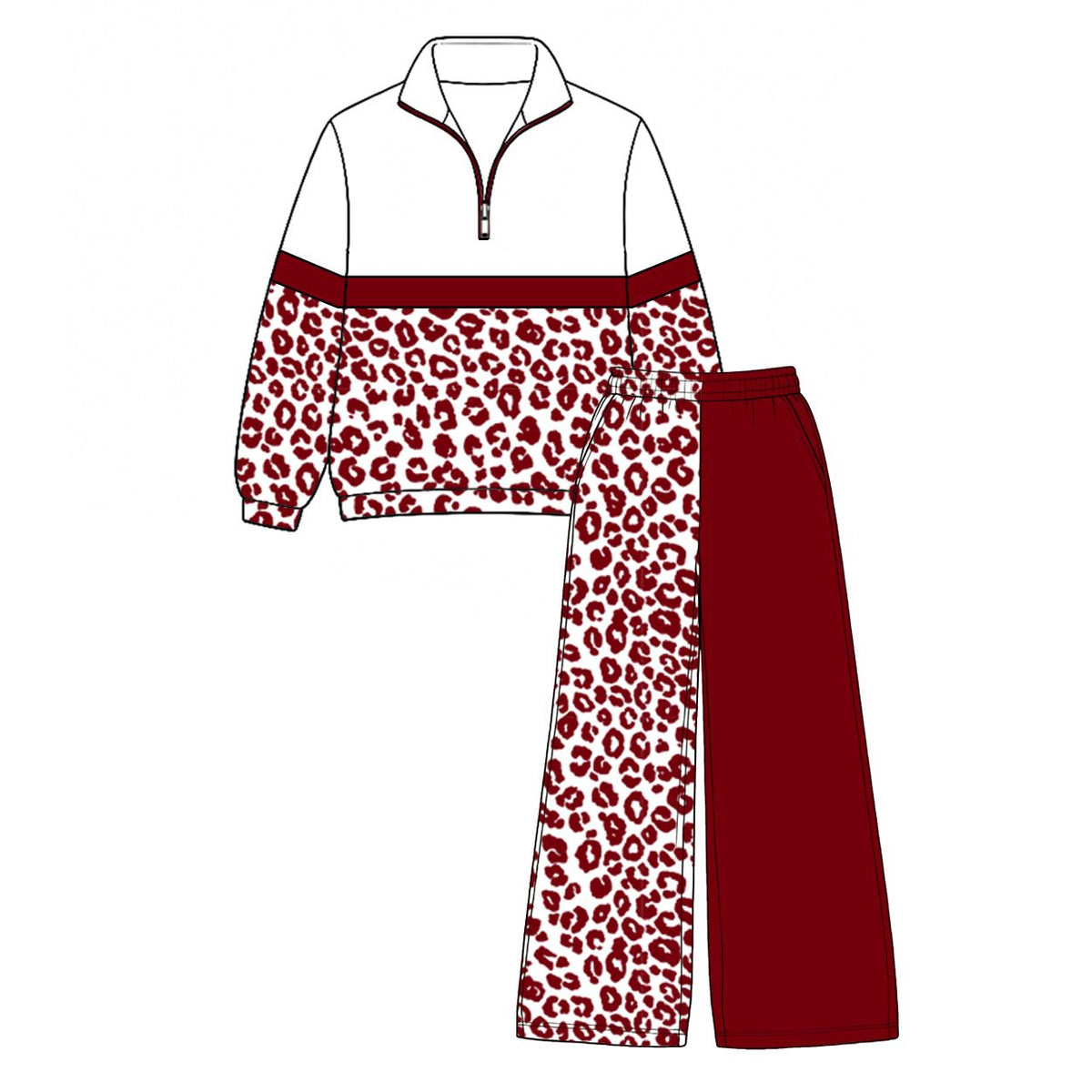 Moq 5 Preorder Baby Girls Kids Long Sleeves Zipper Dark Red Leopard Pullover Pockets Pants Set Clothes
