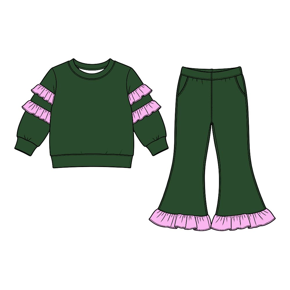 Moq 5 Preorder Baby Girls Kids Ruffle Long Sleeves Shirt Pockets Pants Cotton Set Green Clothes