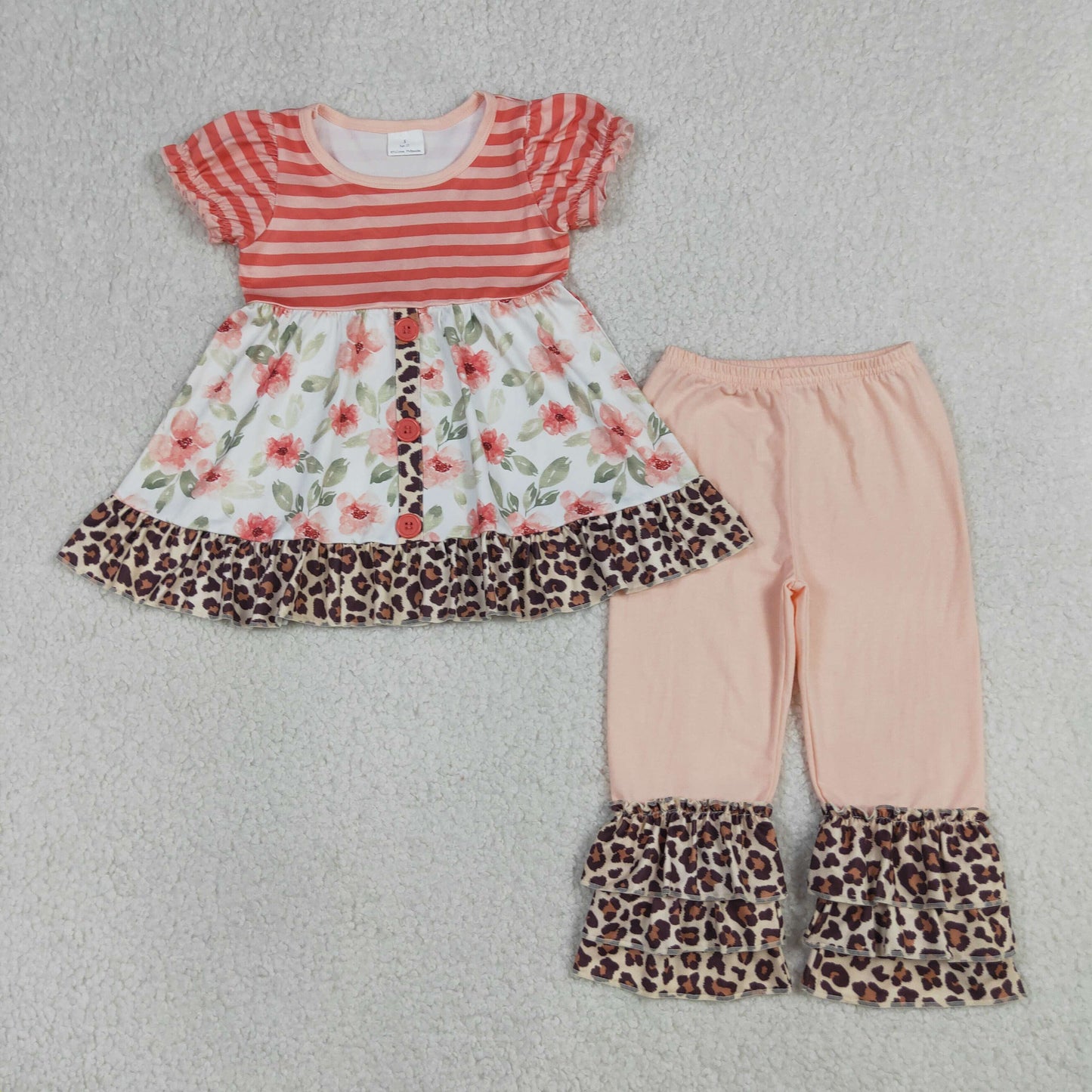 Baby Girl Short Sleeves Flower Stripes Tunic Leopard Ruffle Pants Clothes Set