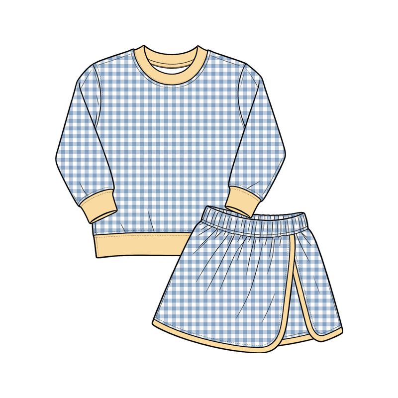 Moq 5 Preorder Baby Girls Kids Long Sleeves Light Blue Plaid Shirt Skirt Shorts Set Yoga Active Clothes