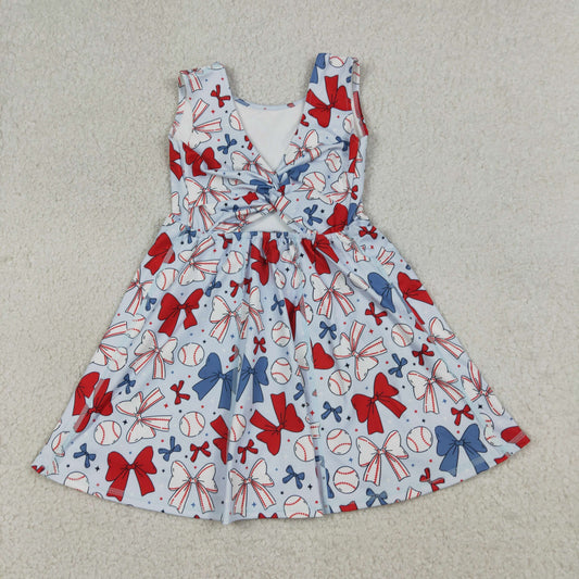 RTS Baby Girls Toddler Baseball Bows Flags 4th of July Yoga Shorts Knee Length Dress Blue Clothes