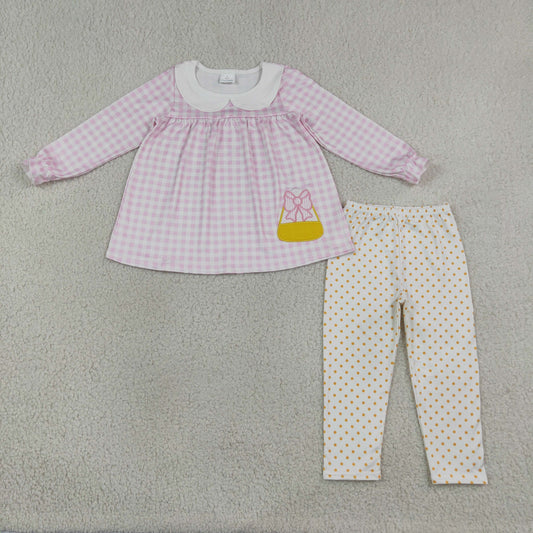 Baby Girls Kids Pink Plaid Bows Candy Tunic Pants Embroidery Set Halloween Clothes