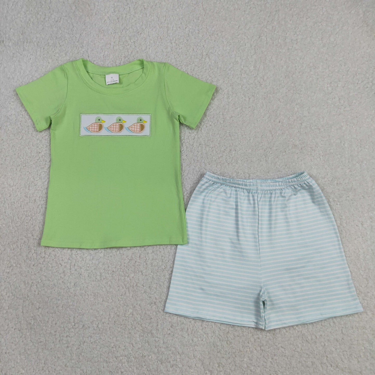 Baby Boys Kids Green Embroidery Ducks Shirt Stripes Shorts Set Clothes