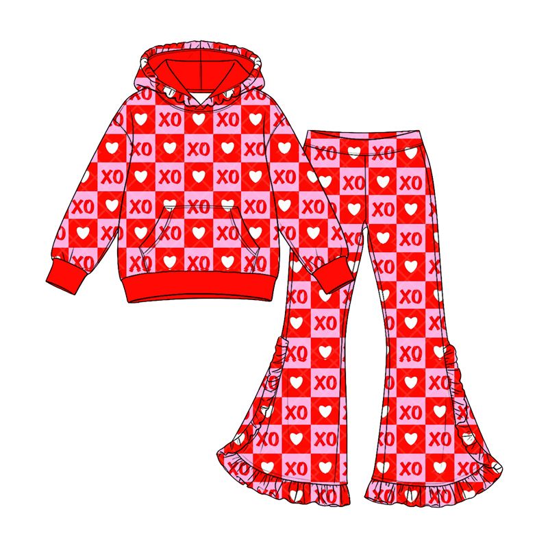 Moq 5 Preorder Baby Girls Kids Hearts Hoodie Pocket Pullover Pants Set Valentine Clothes