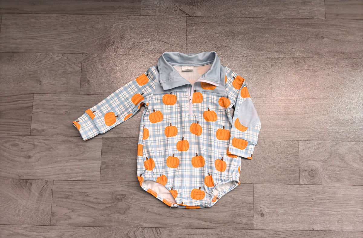No moq Preorder Baby Boys Kids Pumpkins Blue Plaid Zipper Bubble Romper Fall Clothes