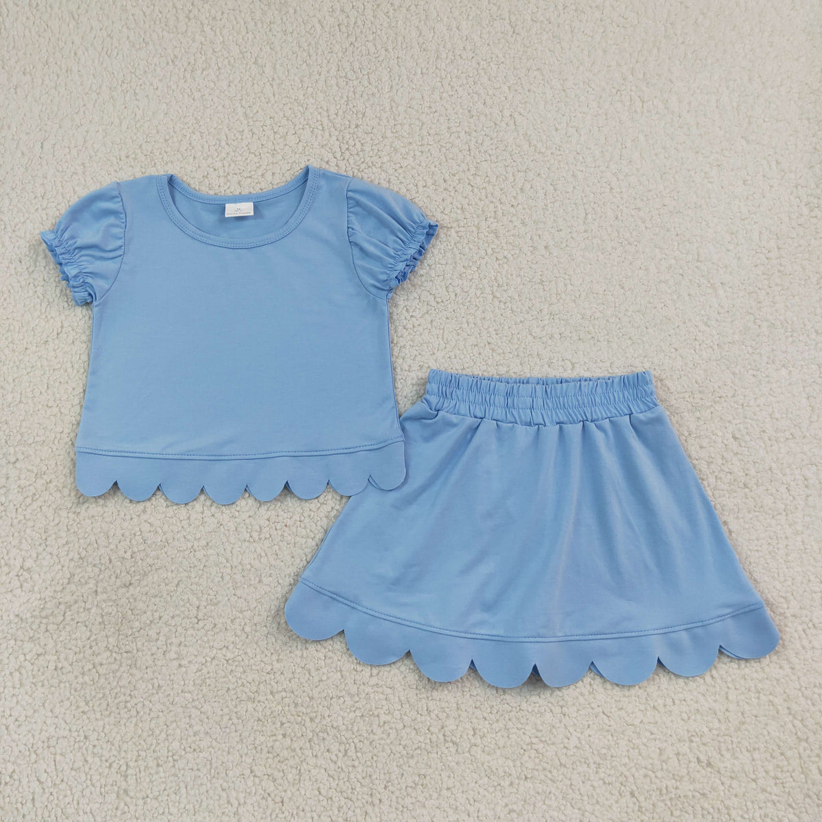 Baby Girls Kids Short Sleeves Blue Shirt Scallop Skirt Shorts Set Clothes
