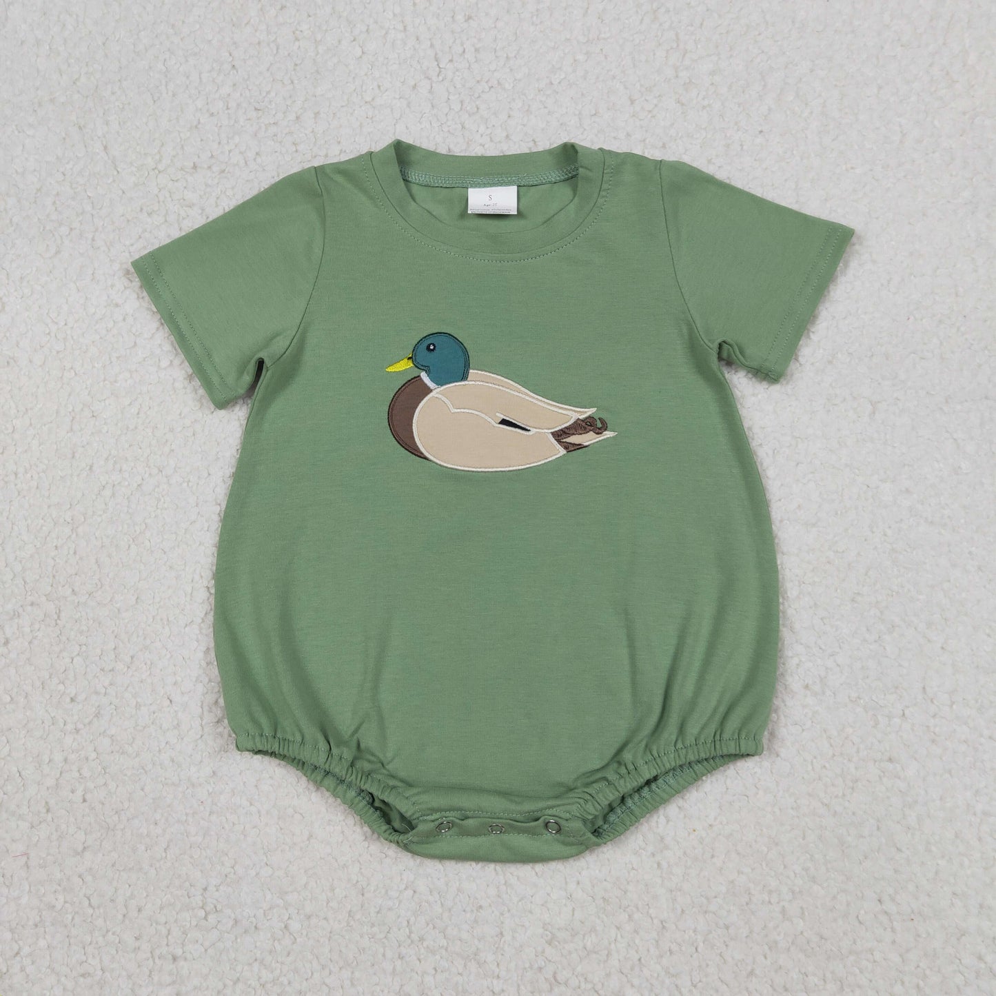 Baby Boys Kids Short Sleeves Embroidery Duck Green Bubble Romper