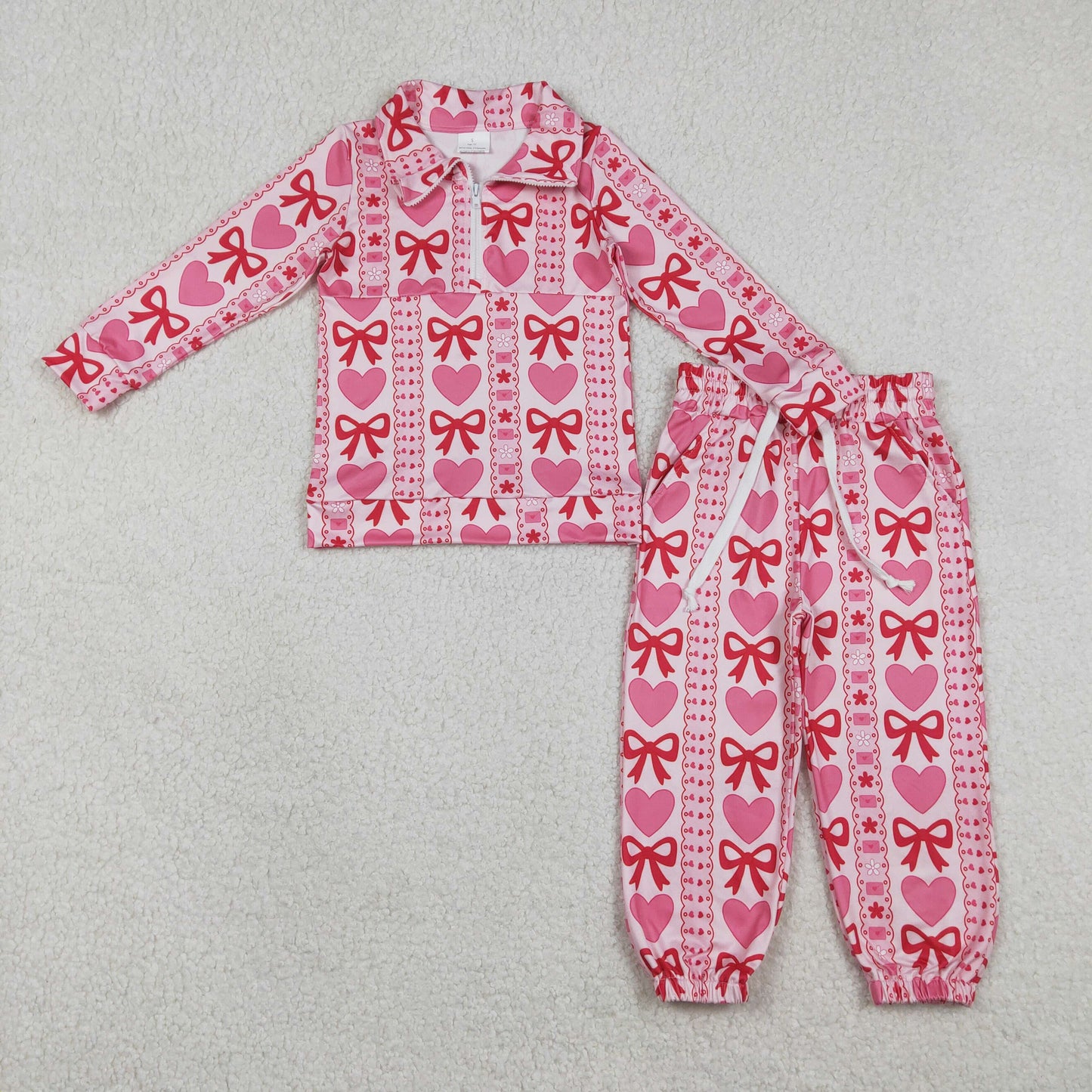 Baby Girls Long Sleeves Bows Hearts Zipper Pullover Pants Valentine Clothes Set