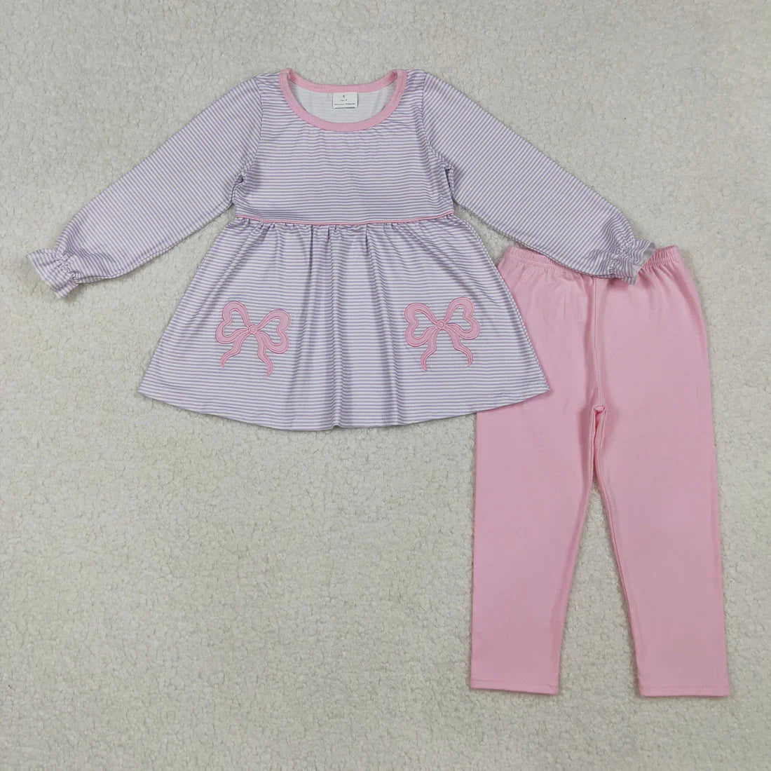 Sibling Baby Girls Kids Long Sleeves Embroidery Bows Stripes Tops Pants Clothes Sets