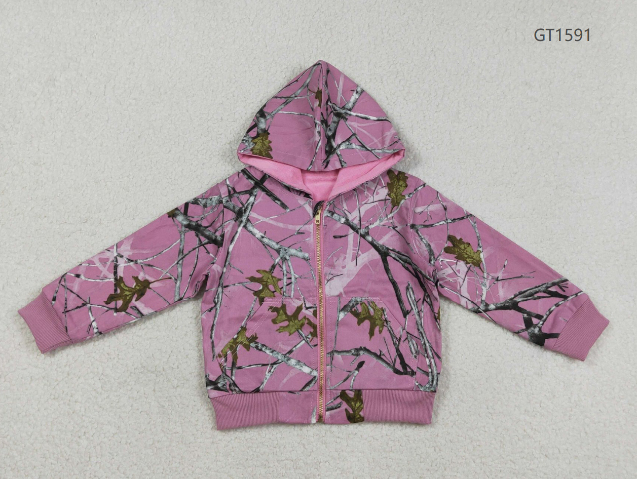RTS Baby Girls Long Sleeves Southern Leaves Camo Zipper Pockets Pink Hoodie Jackets Coat
