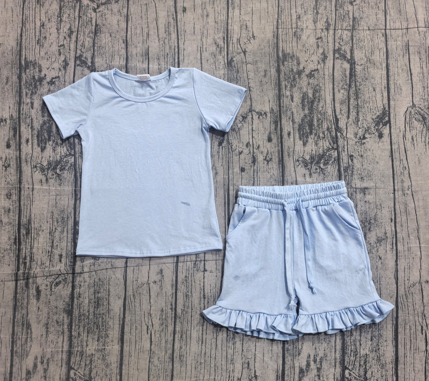 Preorder Baby Girls Short Sleeves Blue Tops Ruffle Shorts Summer Clothes Set