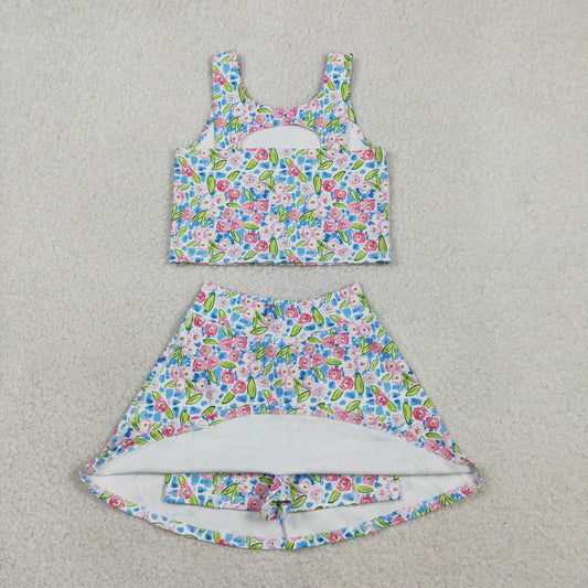RTS Baby Girls Kids Sleeveless Flower Tops Shorts Skirt Yoga Active Blue Set