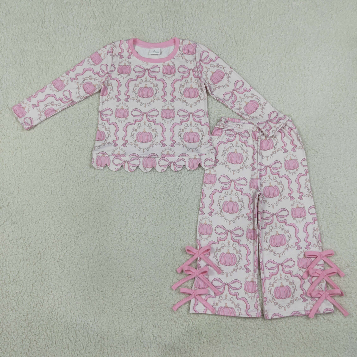 Baby Girls Kids Long Sleeves Pumpkins Scallop Shirt Pink Bows Pants Set Fall Clothes