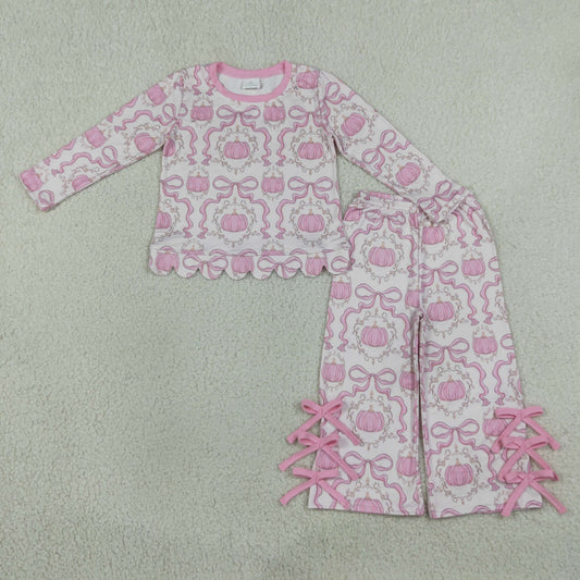 Baby Girls Kids Long Sleeves Pumpkins Scallop Shirt Pink Bows Pants Set Fall Clothes