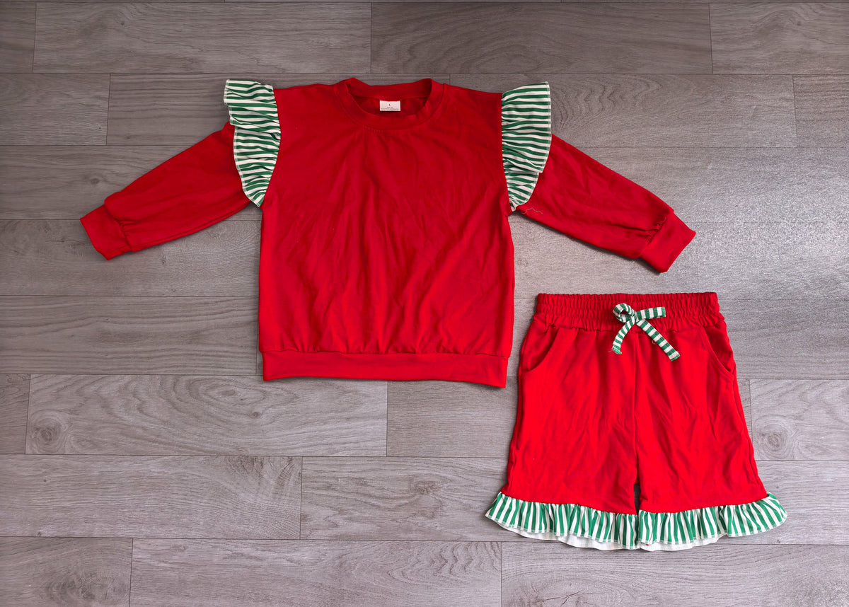 No moq Preorder Baby Girls Kids Long Sleeves Tops Pockets Shorts Cotton Set Red Clothes