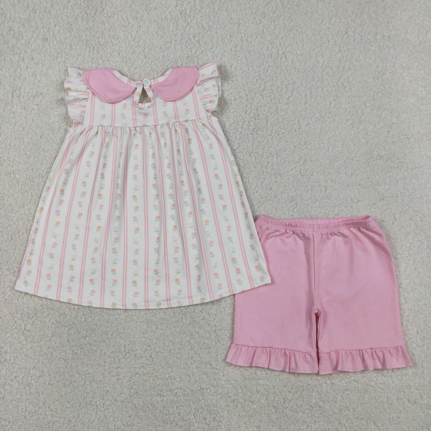 Baby Girls Kids Summer Floral Stripes Tunic Pink Ruffle Shorts Clothes Set