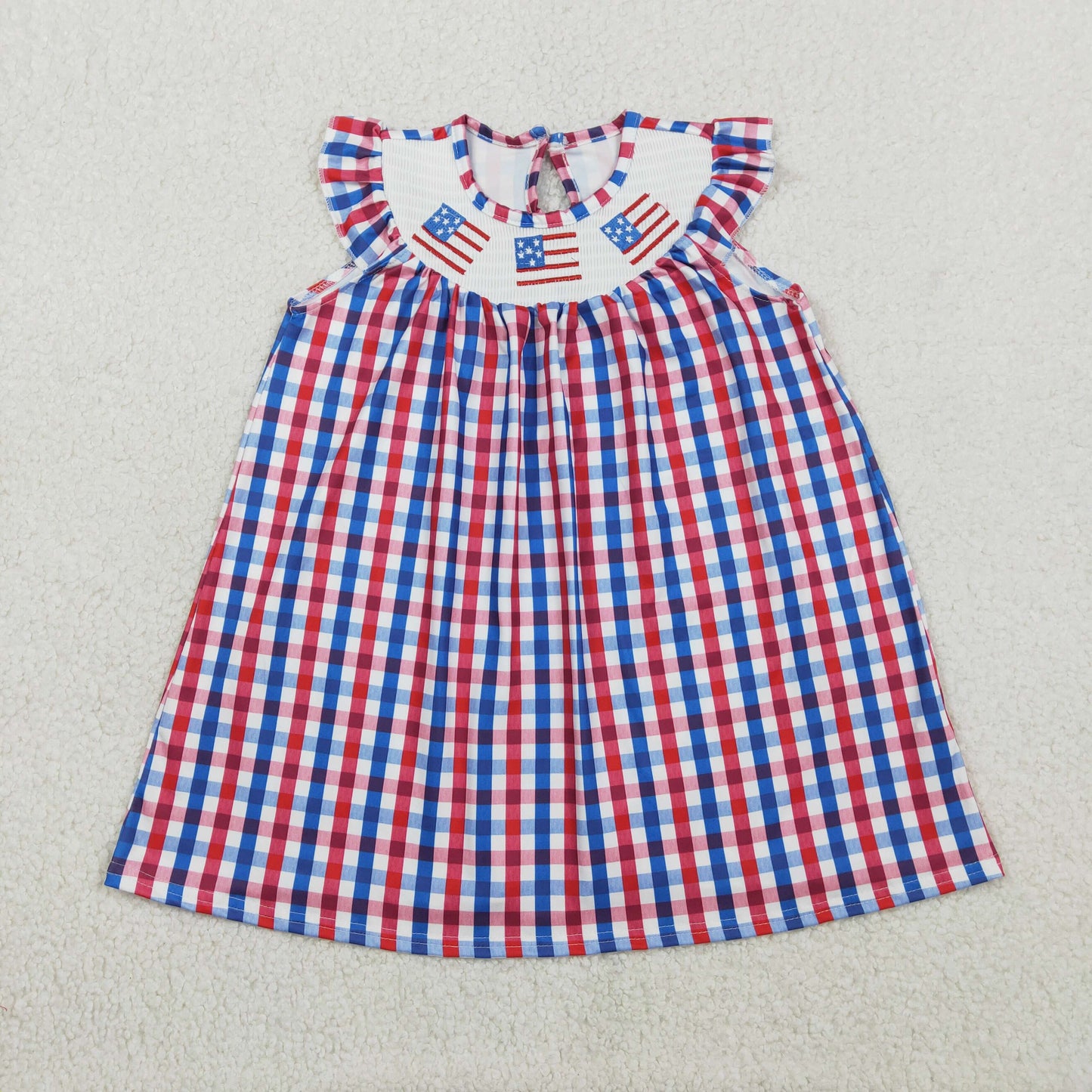 RTS Baby Girls Embroidery Smocked Flags Strips 4th of July Knee length Purple Dress