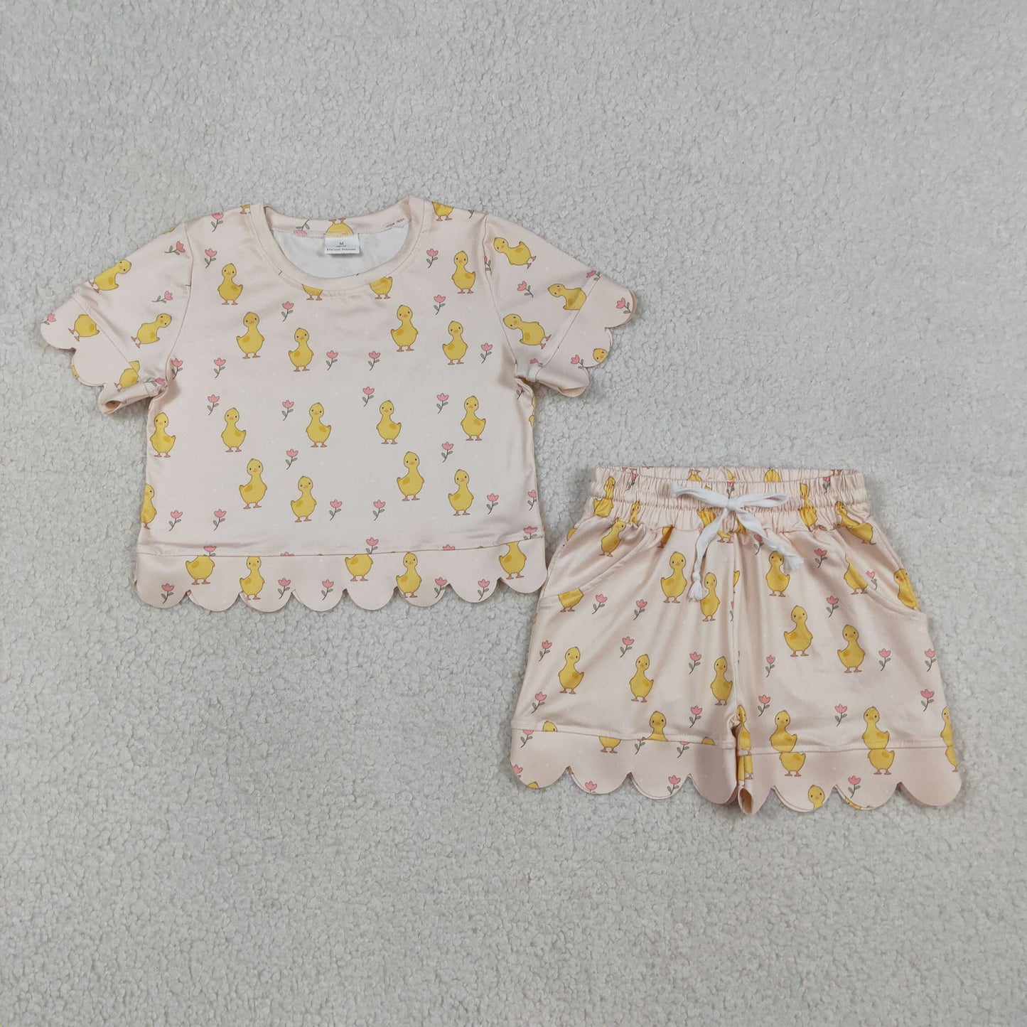 RTS Baby Girls Toddler Short Sleeves Ducks Flower Shirt Scallop Shorts Summer Set
