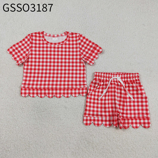 Baby Girls Kids Short Sleeves Plaid Shirt Scallop Shorts Red Clothes Set RTS