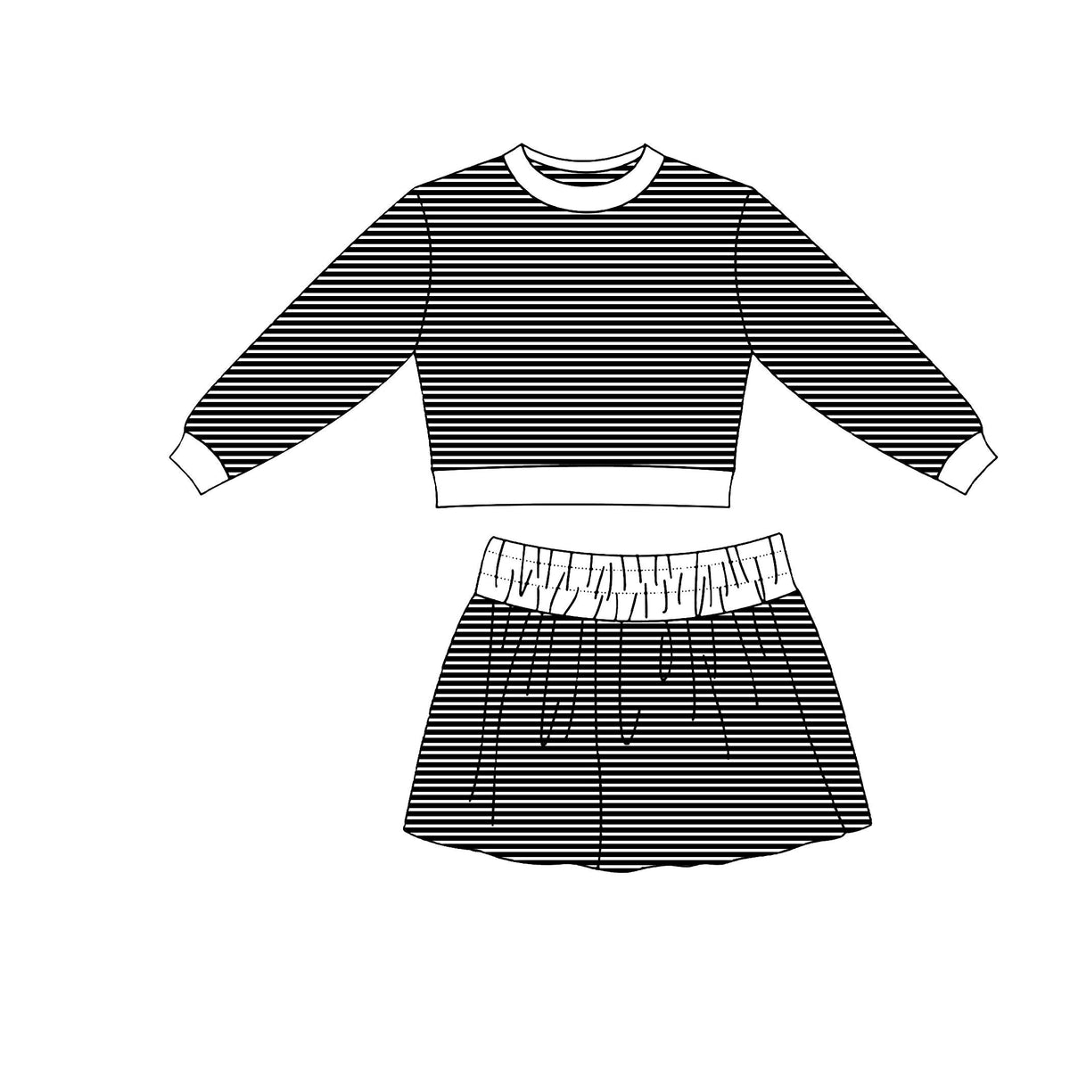 Moq 5 Preorder Baby Girls Kids Long Sleeves Shirt Skirt Shorts Black Stripes Set Yoga Clothes