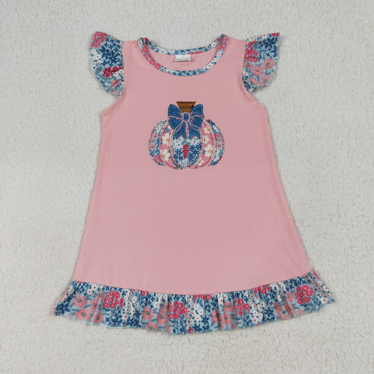 Baby Girl Short Sleeves Embroidery Flower Pumpkin Ruffle Pink Knee Length Dress