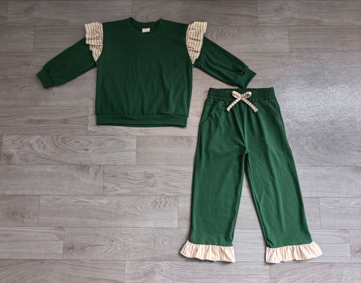 No moq Preorder Baby Girls Kids Long Sleeves Ruffle Tops Pockets Pants Cotton Set Green Clothes