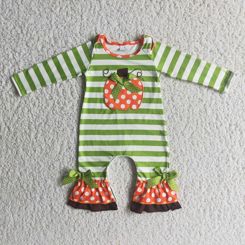 Promotion Baby Girl Embroidery Pumpkin Stripes Fall Romper