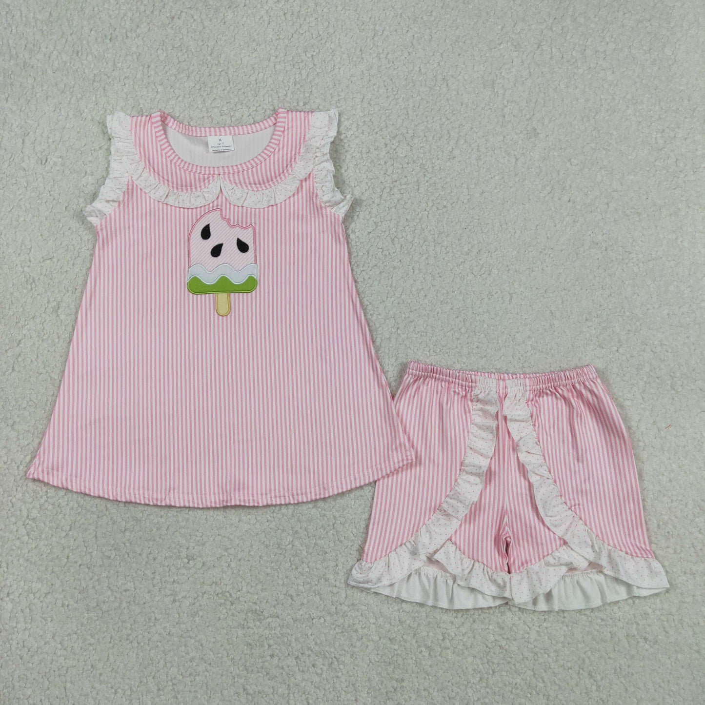 Baby Girls Kids Embroidery Popsicle Tops Pink Stripes Ruffle Shorts Summer Set