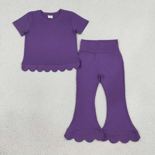 Baby Girls Kids Short Sleeves Purple Shirt Pants Scallop Set Clothes