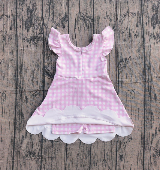 Preorder Baby Girls Kids Short Sleeves Pink Plaid Yoga Active Knee Length Dress