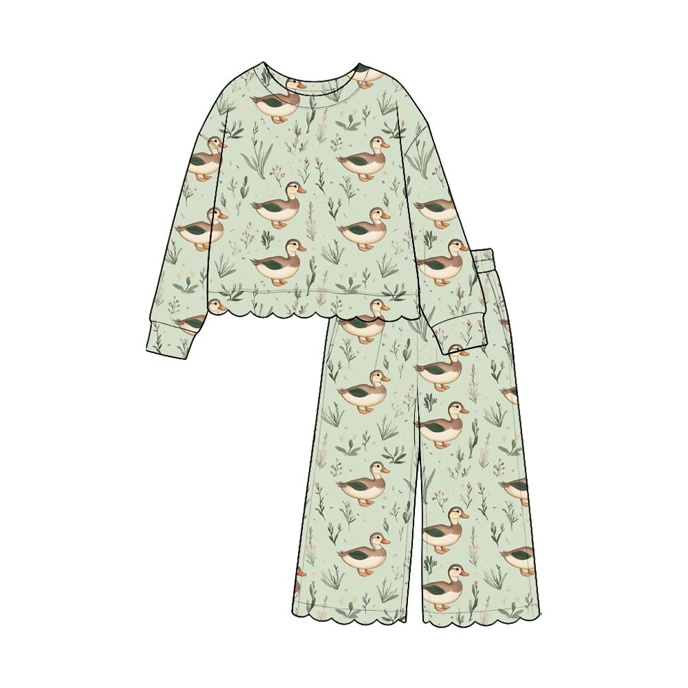 Moq 5 Preorder Baby Girls Kids Long Sleeves Ducks Shirt Pants Scallop Set Clothes