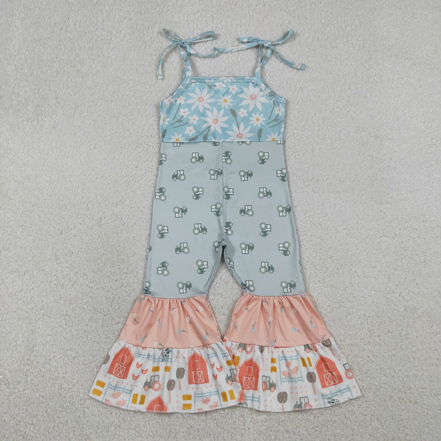 RTS Sibling Baby Girls Toddler Straps Flower Trucks Farm Bell Pants Jumpsuits