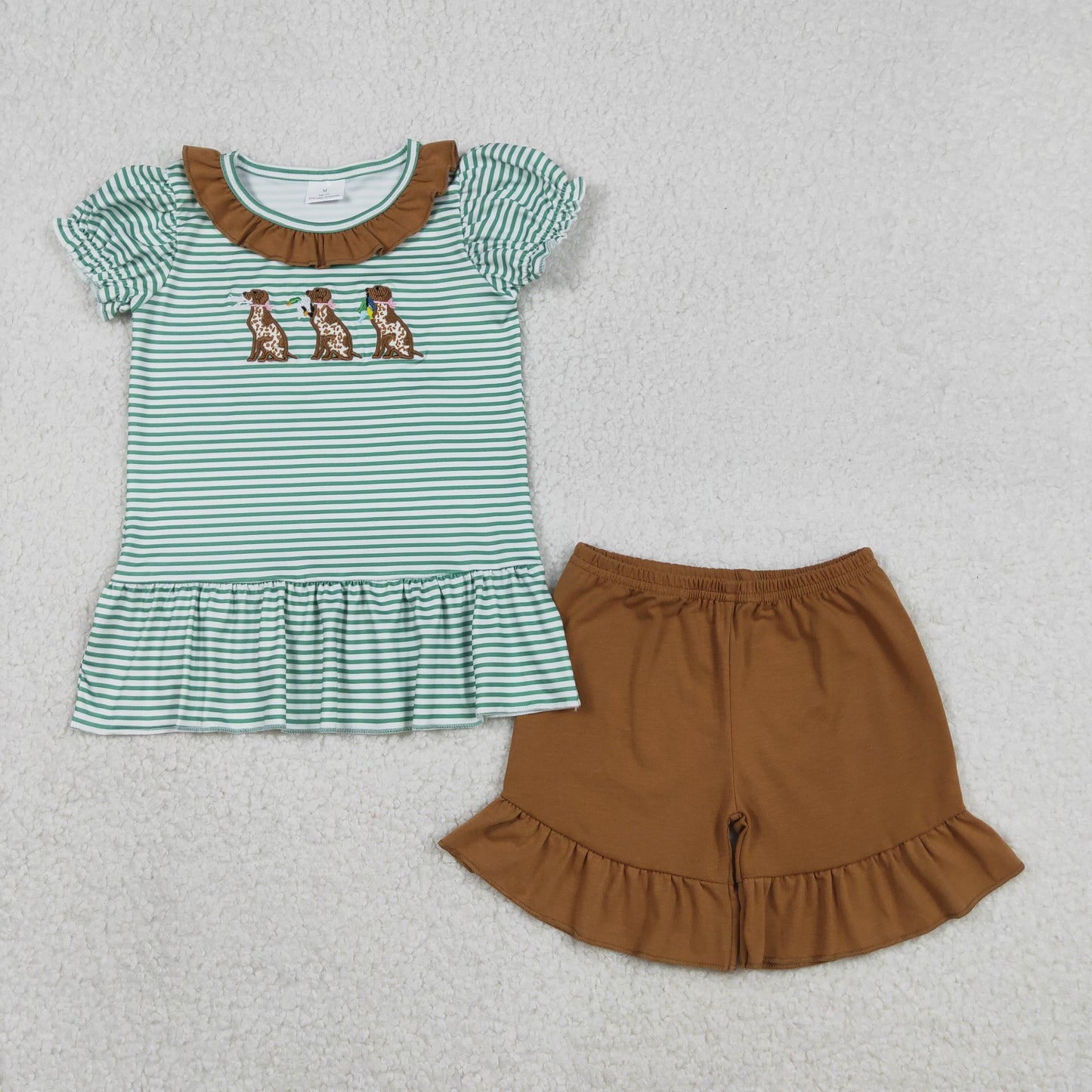 Baby Girls Embroidery Dogs Ducks Green Stripes Shirt Ruffle Shorts Hunting Set