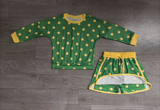 No moq Preorder Baby Girls Kids Long Sleeves Dots Shirt Skirt Shorts Green Set Clothes