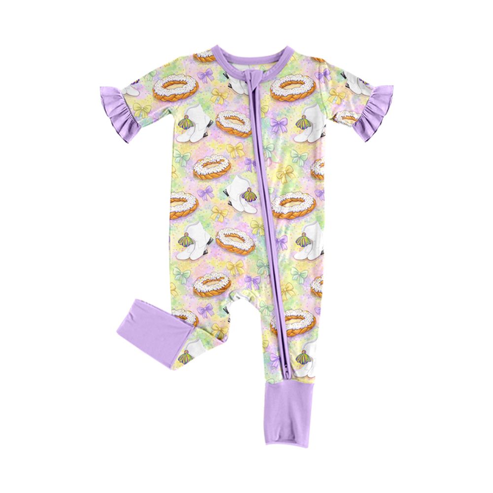 Moq 5 Preorder Baby Girls Infant Donuts Bows Boots Mardi Gras Footie Sleeper Zipper Romper Clothes