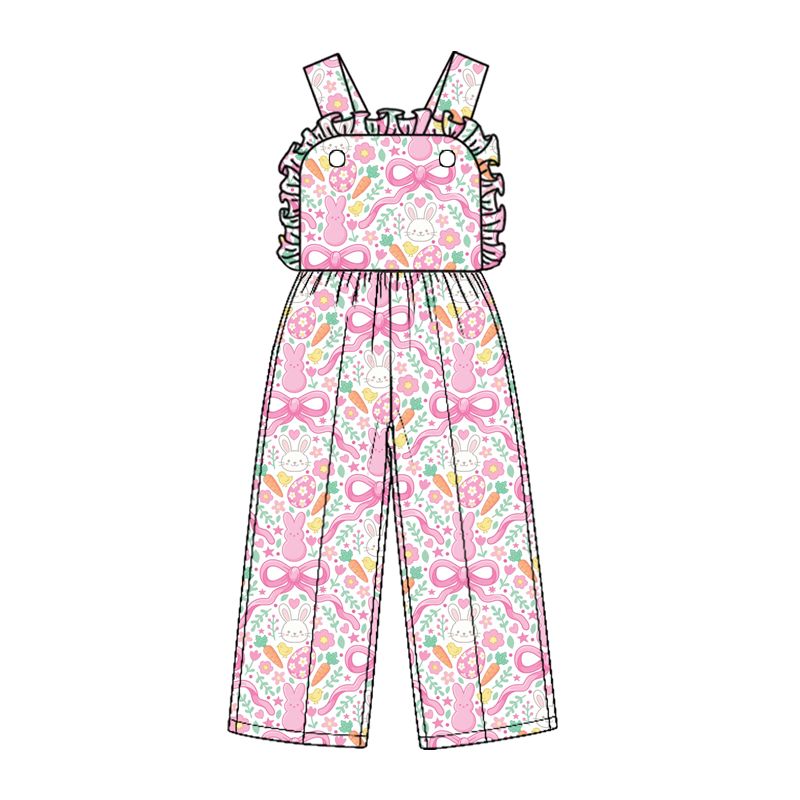 Moq 5 Preorder Baby Girl Kids Rabbits Eggs Bows Flower Pants Easter Jumpsuit Clothes
