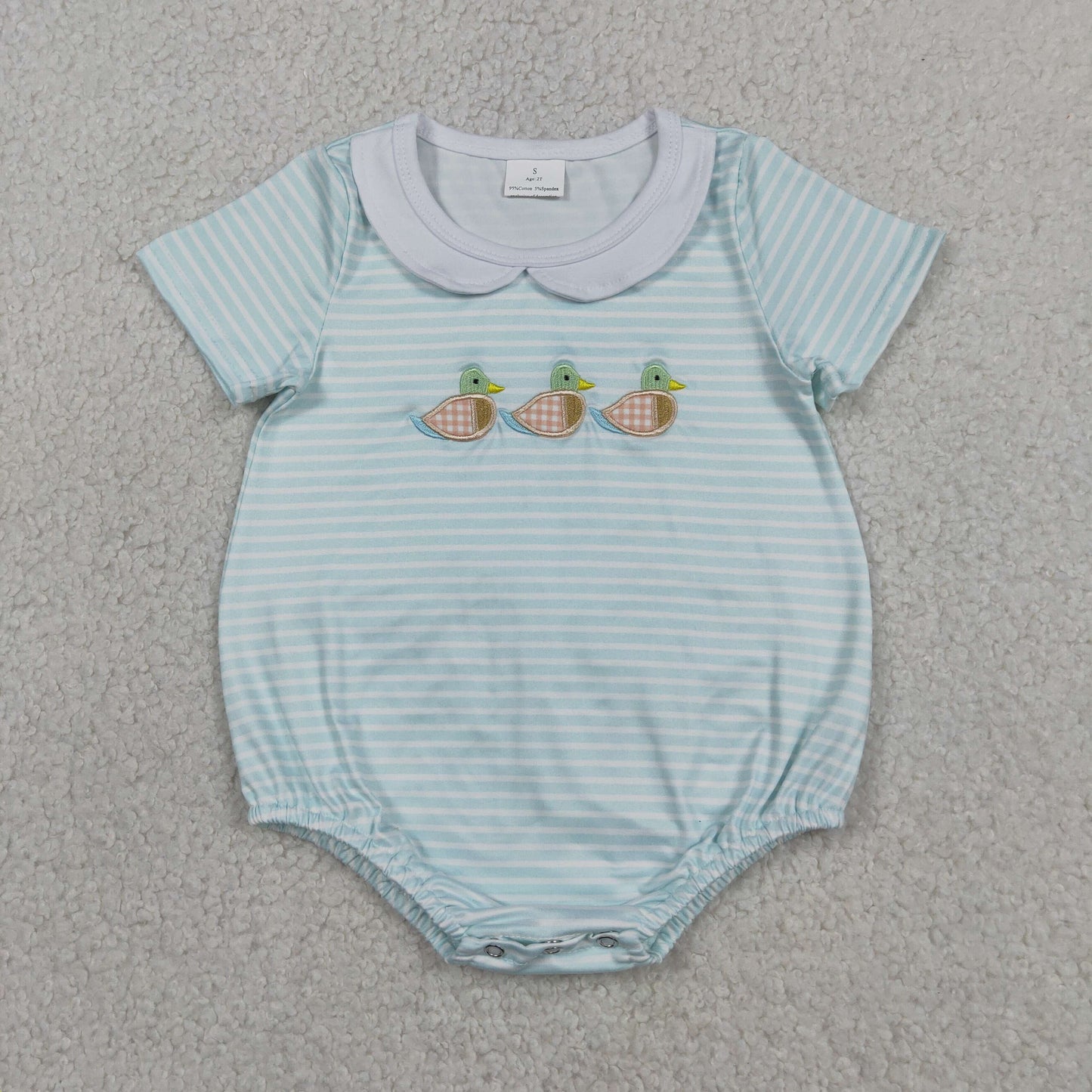 Baby Boys Infant Embroidery Ducks Blue Stripes Bubble Romper