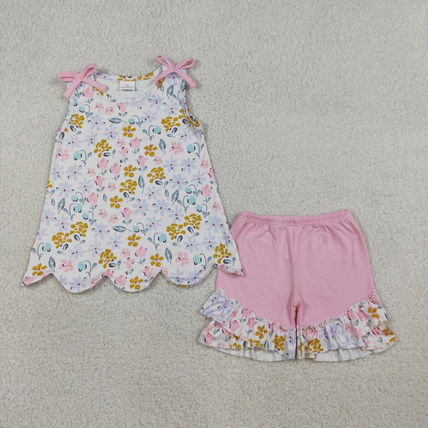 RTS Baby Girls Kids Sleeveless Flower Scallop Tops Pink Ruffle Shorts Summer Set