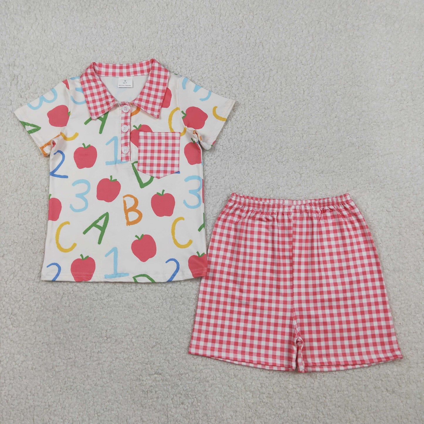 RTS Baby Boys Kids Short Sleeves Apple Shirt Red Plaid Shorts Back to School Set