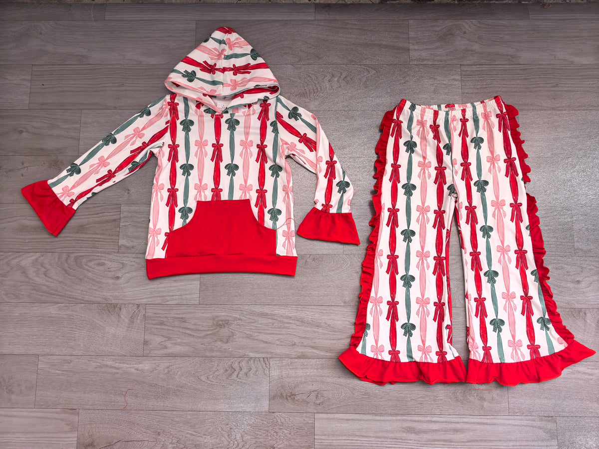 No moq Preorder Baby Girls Kids Christmas Bows Stripes Hoodie Pocket Hoodie Ruffle Pants Set Clothes