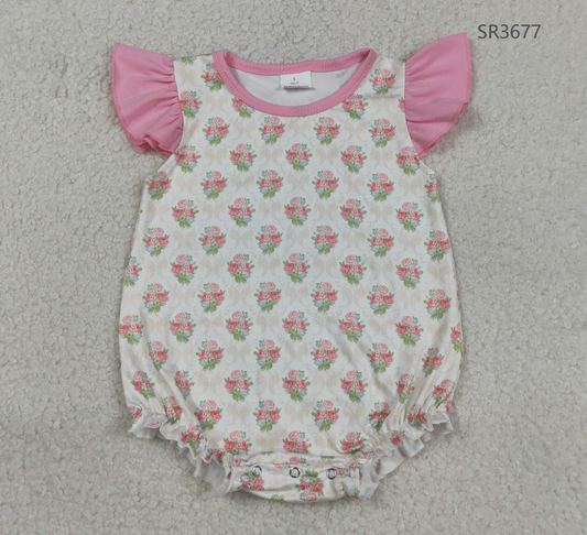 RTS Baby Girls Infant Short Sleeves Flowers Bows Bubble Romper