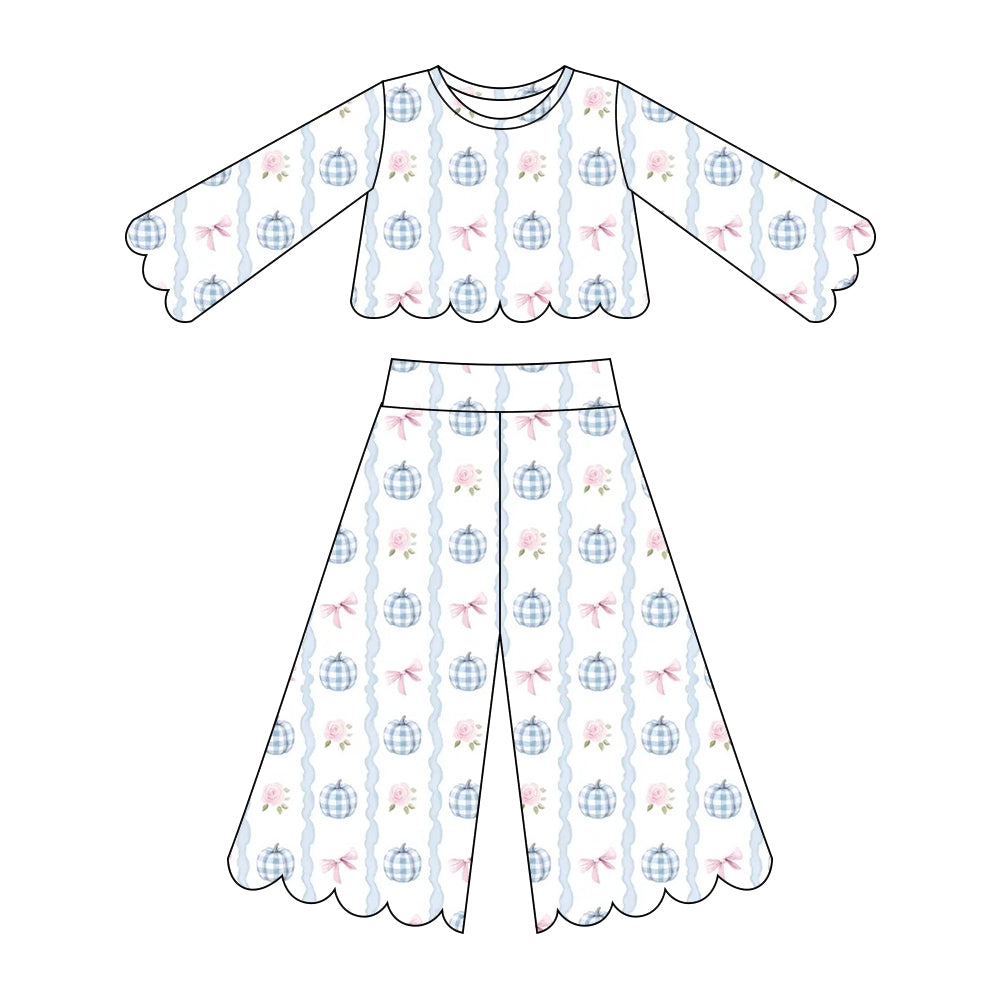 Preorder ( Moq 5 ) Baby Girls Kids Plaid Pumpkins Bows Shirt Scallop Pants Set Fall Clothes