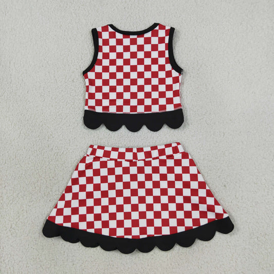 Baby Girls Kids Red Checked Shirt Scallop Bows Skirt Shorts Team Set Yoga Active Clothes