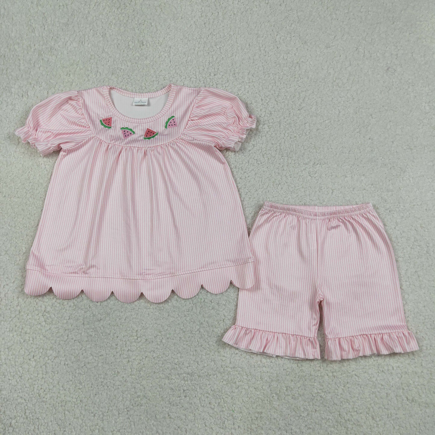 GSSO3239 Baby Girls Kids Embroidery Watermelon Scallop Tops Pink Stripes Shorts Summer Set