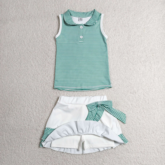 Baby Girls Kids Green Stripes Buttons Shirt Ruffle Skirt Shorts Yoga Active Set Clothes