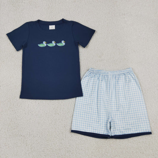Baby Boys Kids Short Sleeves Embroidery Ducks Shirt Blue Plaid Shorts Summer Set