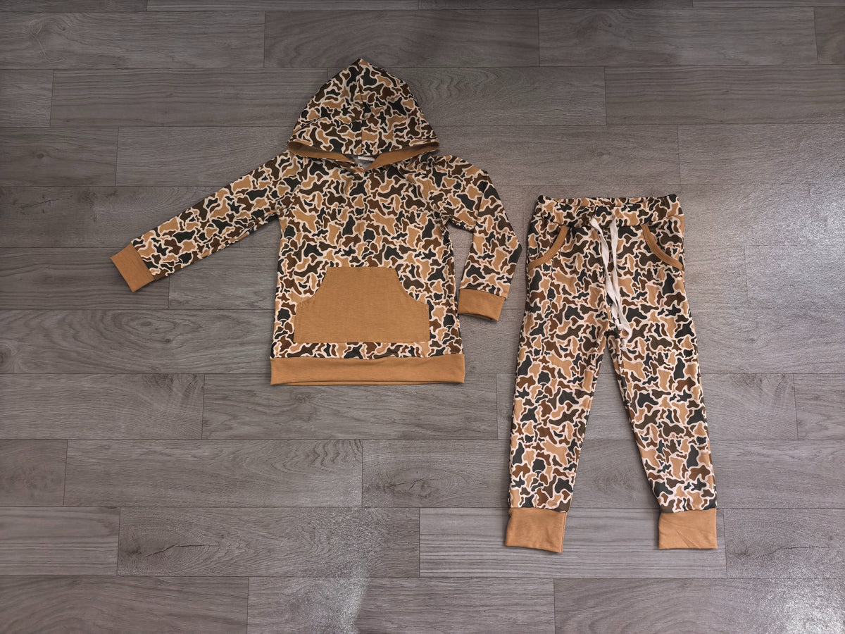 No moq Preorder Baby Boys Kids Long Sleeves Camo Hoodie Hoodie Shirt Pockets Pants Set Clothes