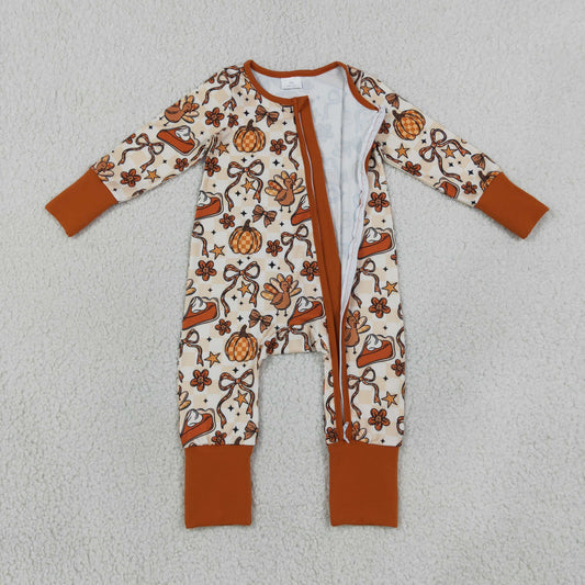 Baby Girls Kids Long Sleeves Pumpkins turkey Bows Zipper Footie Sleeper Fall Romper