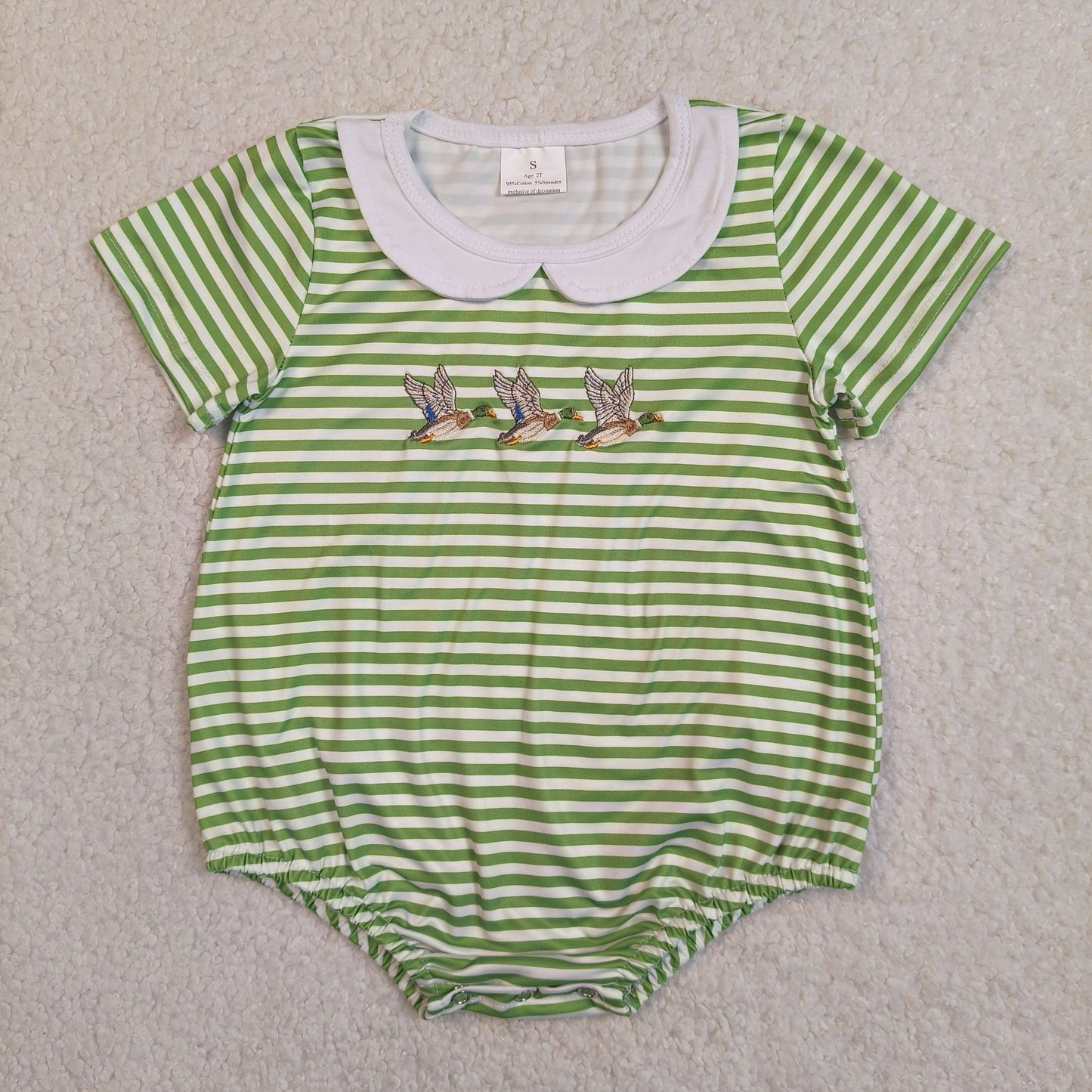 Baby Boys Kids Short Sleeves Embroidery Ducks Green Stripes Bubble Romper