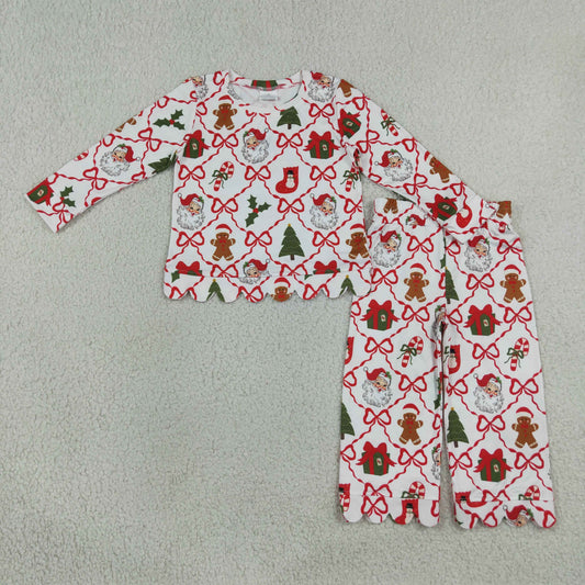 Baby Girls Kids Short Sleeves Christmas Santa Bows Shirt Scallop Pants Set Clothes